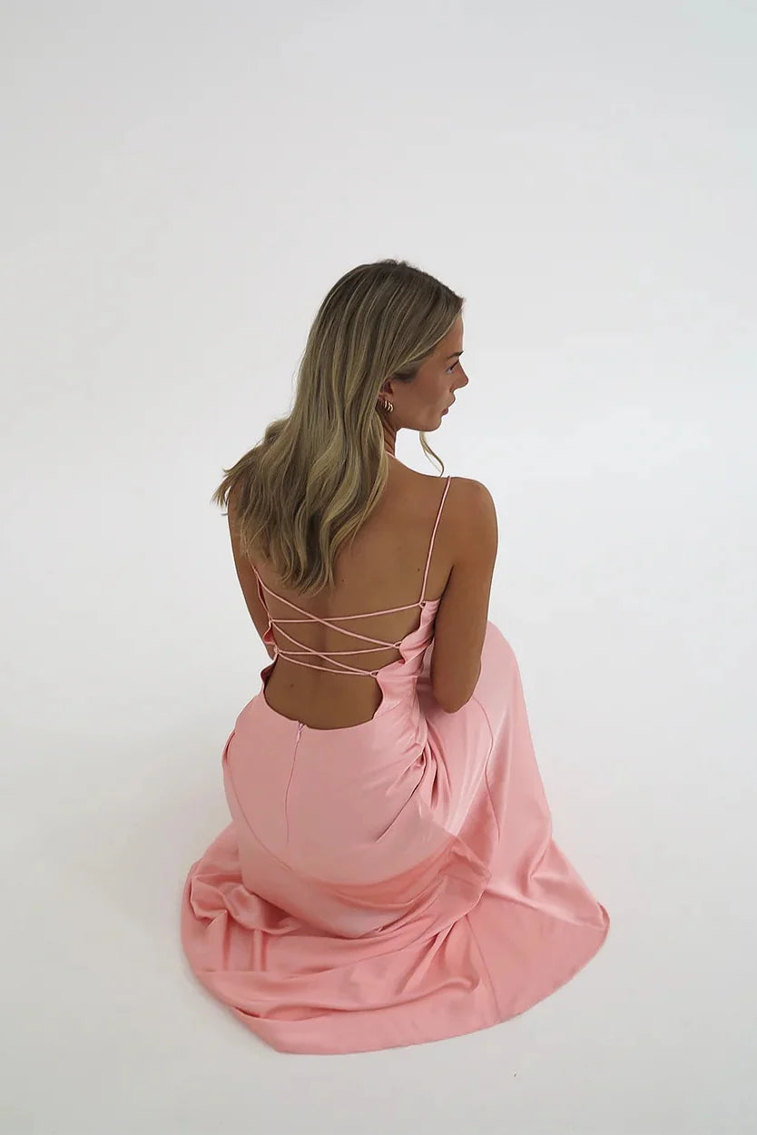 Vestido Weitese, sencillo, con tirantes finos, rosa, largo, para fiesta, con abertura frontal